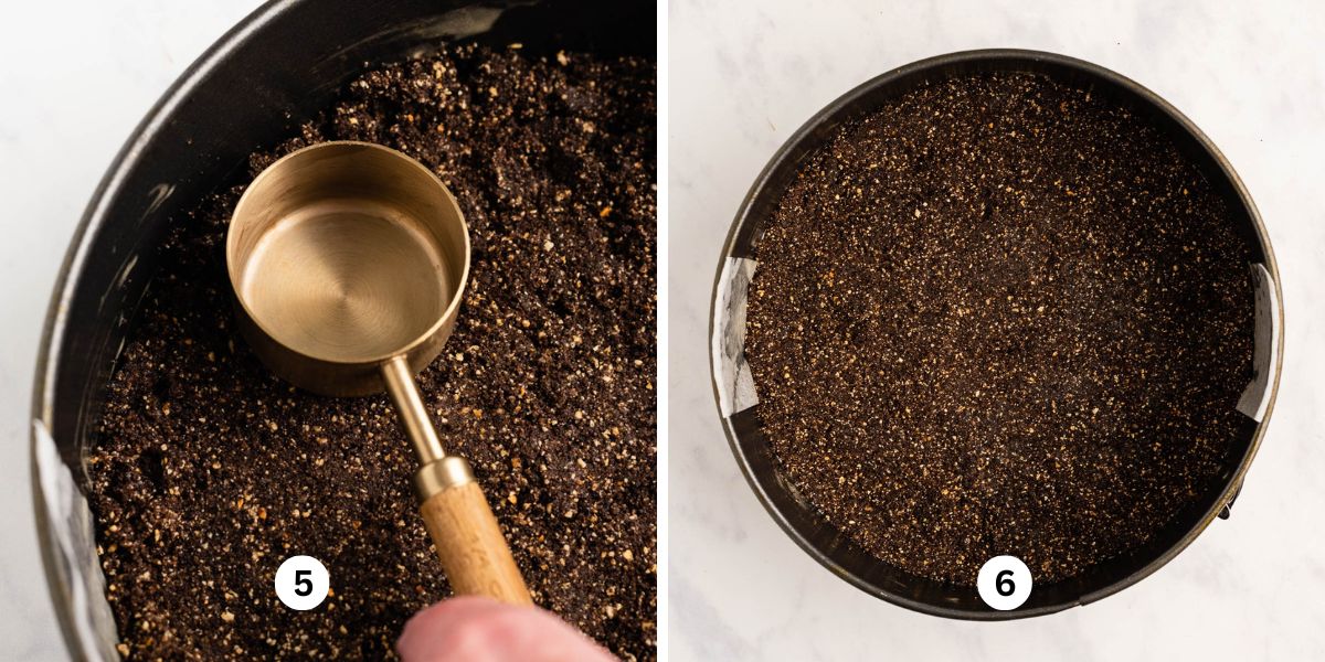 Two overhead images showing how to form the oreo cookie crust in a springform pan.