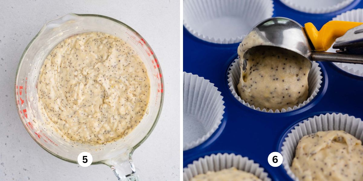 Steps 5 and 6 show poppyseeds being added to lemon muffin batter and scooping the batter into cupcake liners.