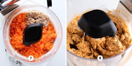 Adding grated carrots to carrot cake cookie dough mixture in an Ankarsrum creme light mixer on white quartz background.